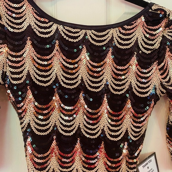 New nwt Sequin Black Gold Dress XS Crystal Doll Short Sleeve Prom homecoming - Picture 12 of 14